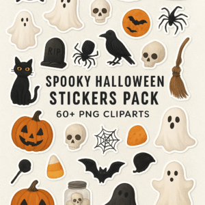 Spooky Halloween Stickers Pack – 60+ PNG Cliparts for Canva, Journals & Social Media