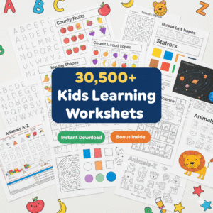30,000+ printable kids learning worksheets – preschool, kindergarten & early education mega bundle