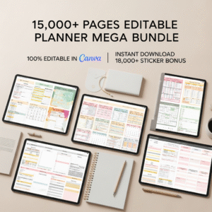 the ultimate aesthetic planner & journal creator kit – over 15,000 editable canva templates, 8,000 bonus stickers, and ready to use layouts to design, customize & launch your own beautiful planner collection