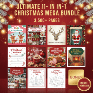 🎁 ultimate 9 in 1 christmas mega bundle – 3,000+ pages | kids activities, 74 coloring books, 500 coloring pages, 300 vintage wall art, christmas planner 2026, storybooks + videos, cozy stock images, mandala pack, holiday recipe ebook | printable + canva templates