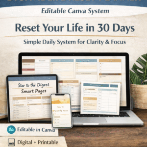 30 day digital life reset planner (editable canva system)