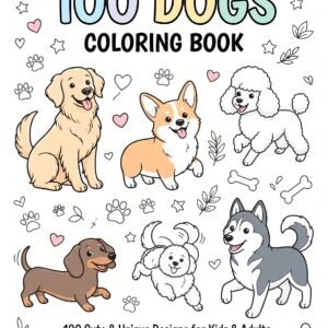 100 dog coloring pages printable pdf | cute dog breeds coloring book for kids & adults | instant download