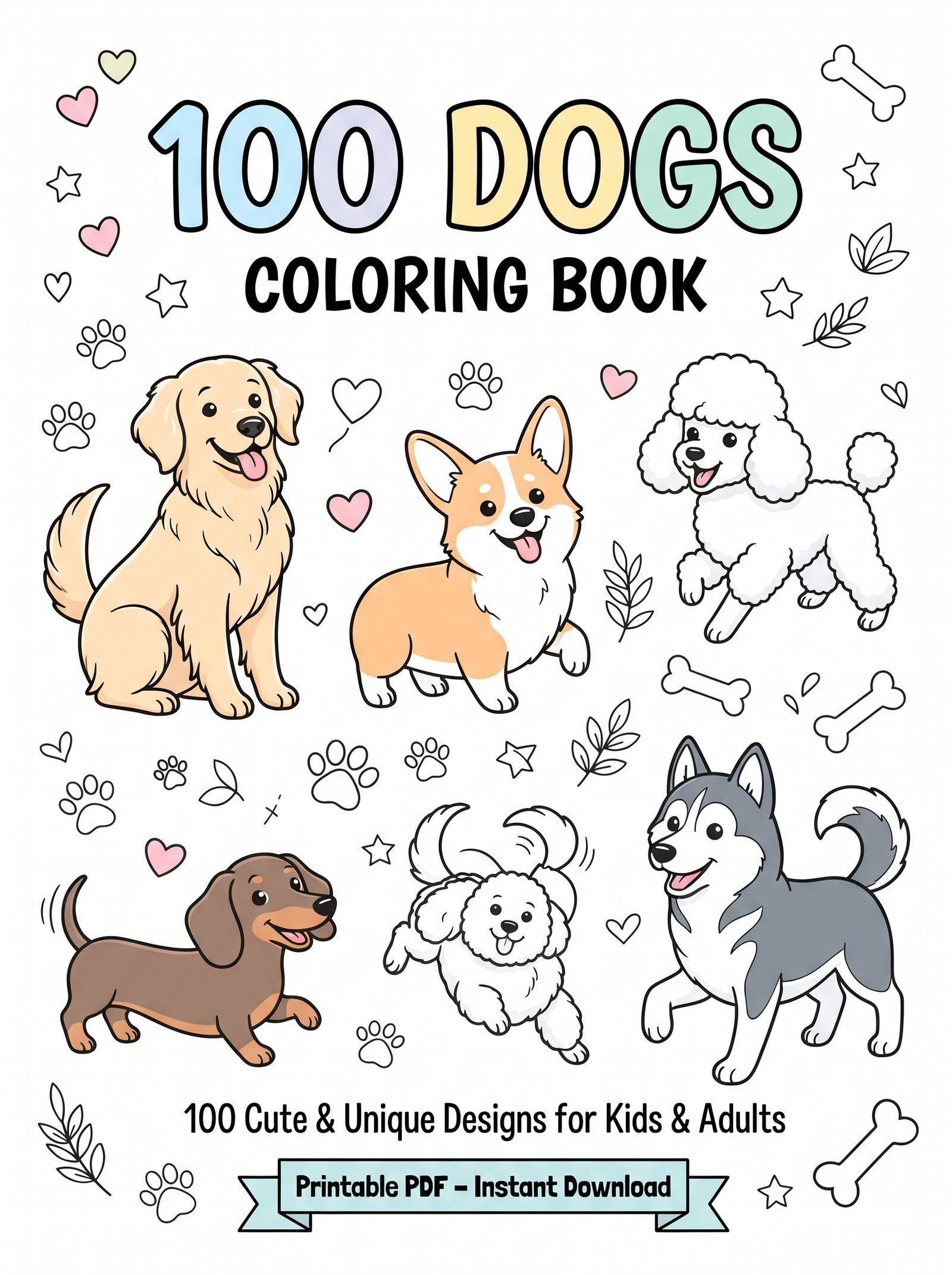 100 dog coloring pages printable pdf | cute dog breeds coloring book for kids & adults | instant download