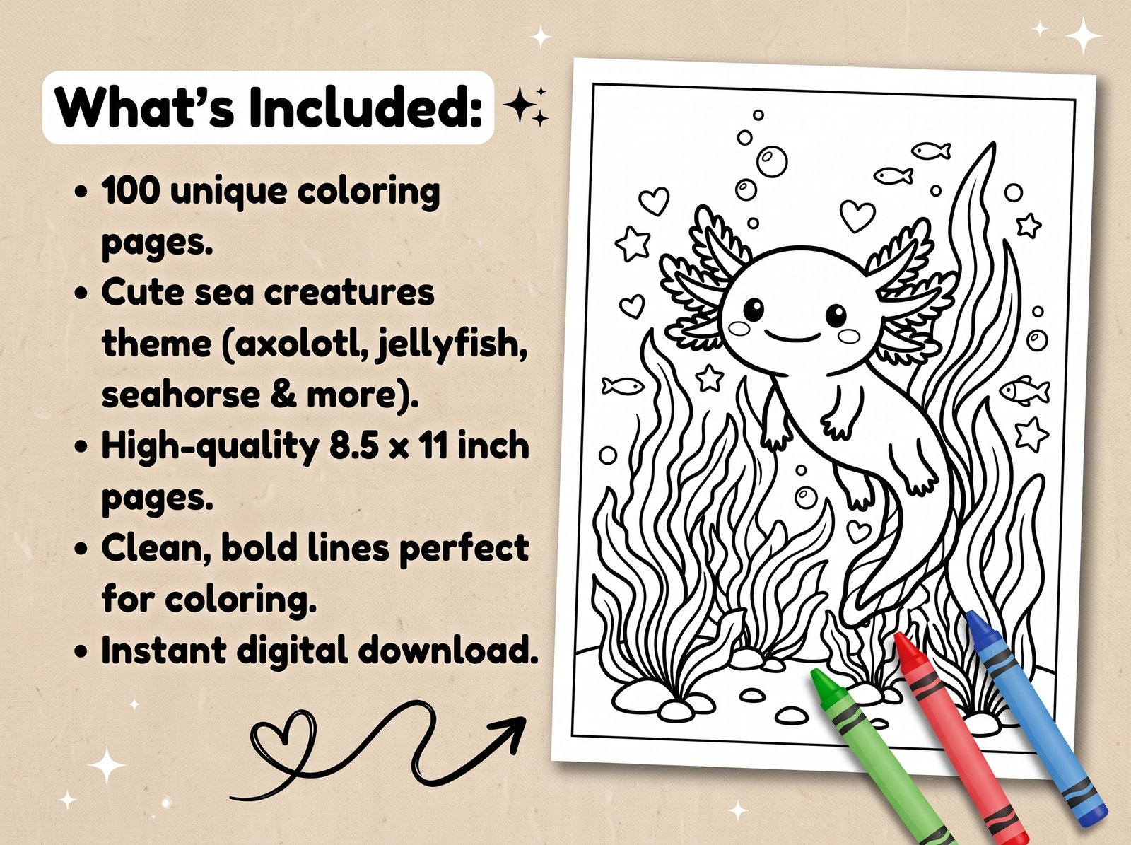 cute sea friends 100 coloring pages printable pdf | kawaii axolotl jellyfish ocean coloring book | instant download