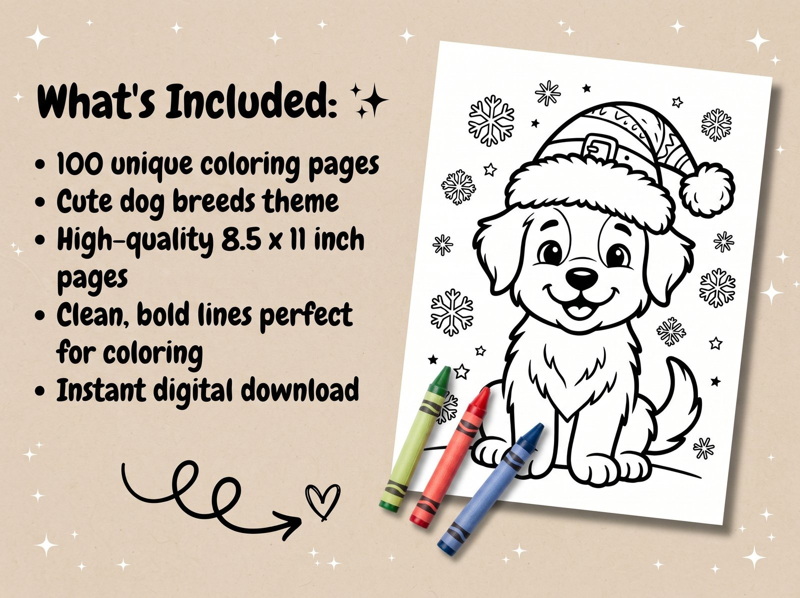 100 dog coloring pages printable pdf | cute dog breeds coloring book for kids & adults | instant download