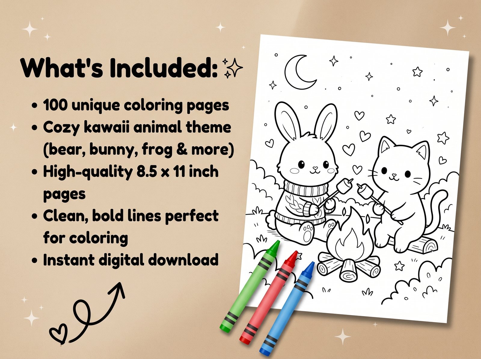cozy friends 100 coloring pages printable pdf | kawaii bear bunny frog coloring book | instant download