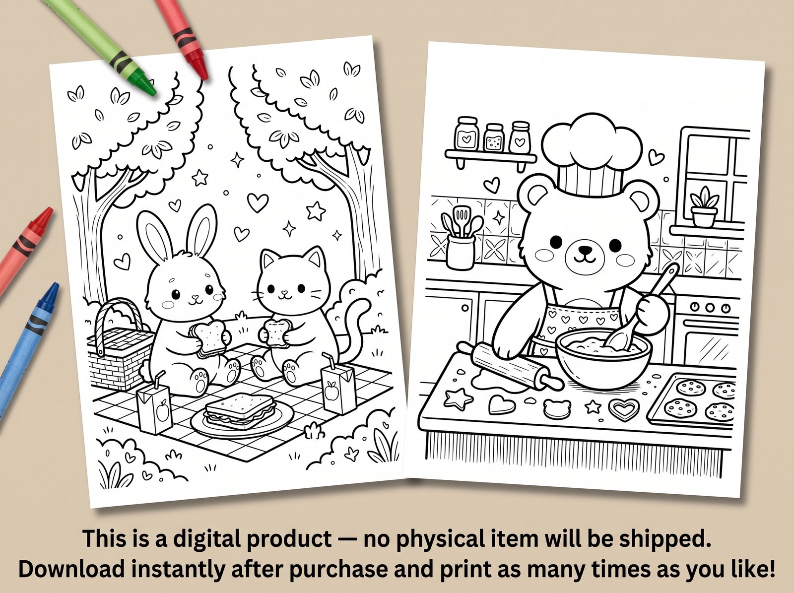 cozy friends 100 coloring pages printable pdf | kawaii bear bunny frog coloring book | instant download