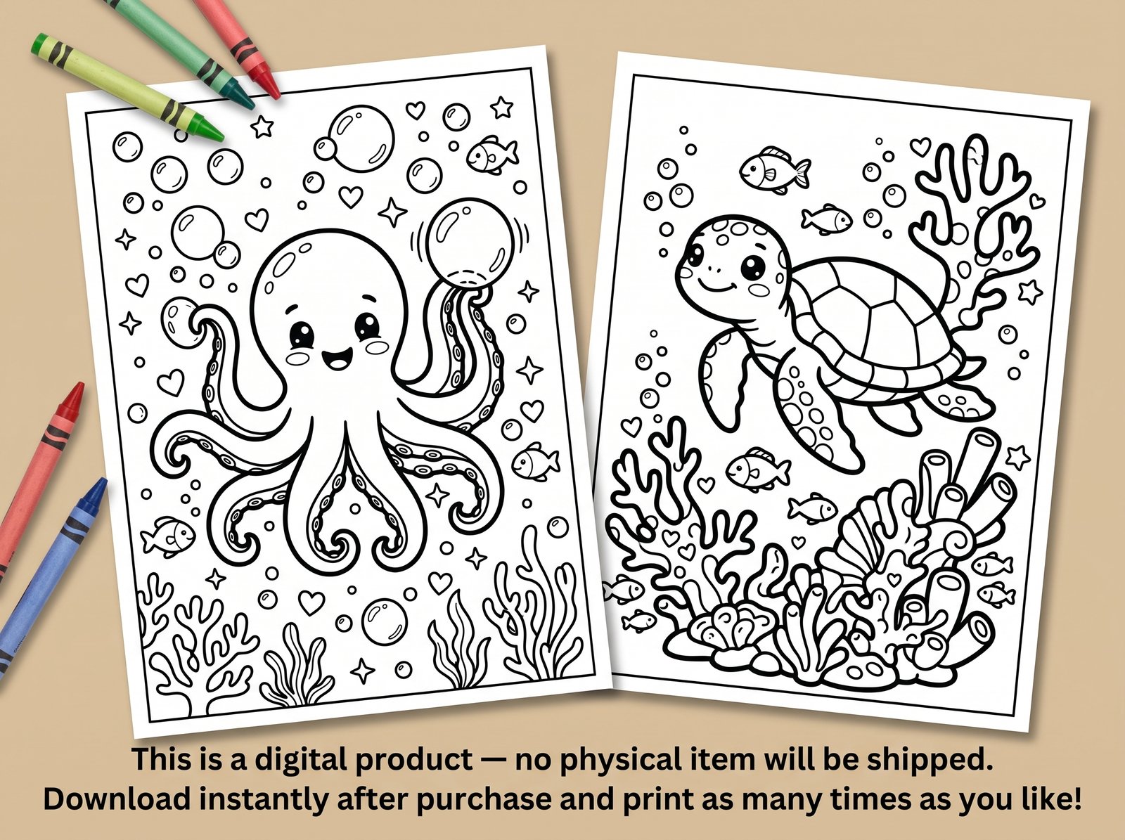 cute sea friends 100 coloring pages printable pdf | kawaii axolotl jellyfish ocean coloring book | instant download