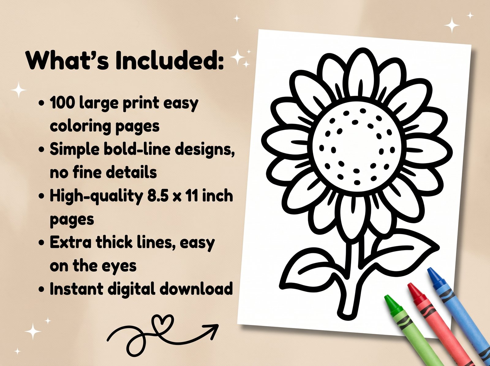 bold & easy coloring book 100 large print pages printable pdf | simple designs for seniors & beginners | instant download