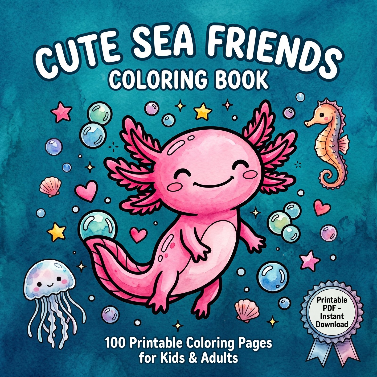 cute sea friends 100 coloring pages printable pdf | kawaii axolotl jellyfish ocean coloring book | instant download