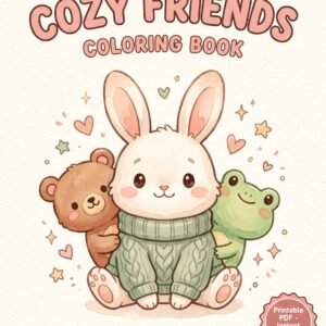 cozy friends 100 coloring pages printable pdf | kawaii bear bunny frog coloring book | instant download