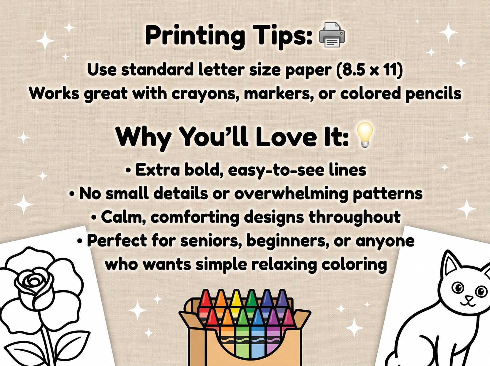 bold & easy coloring book 100 large print pages printable pdf | simple designs for seniors & beginners | instant download