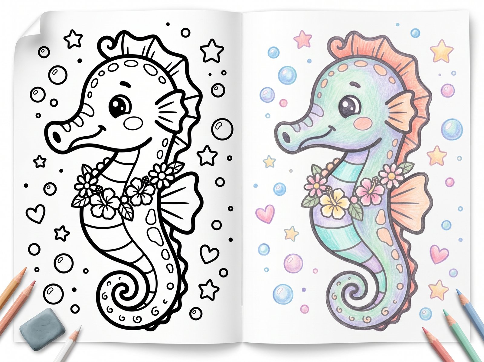 cute sea friends 100 coloring pages printable pdf | kawaii axolotl jellyfish ocean coloring book | instant download