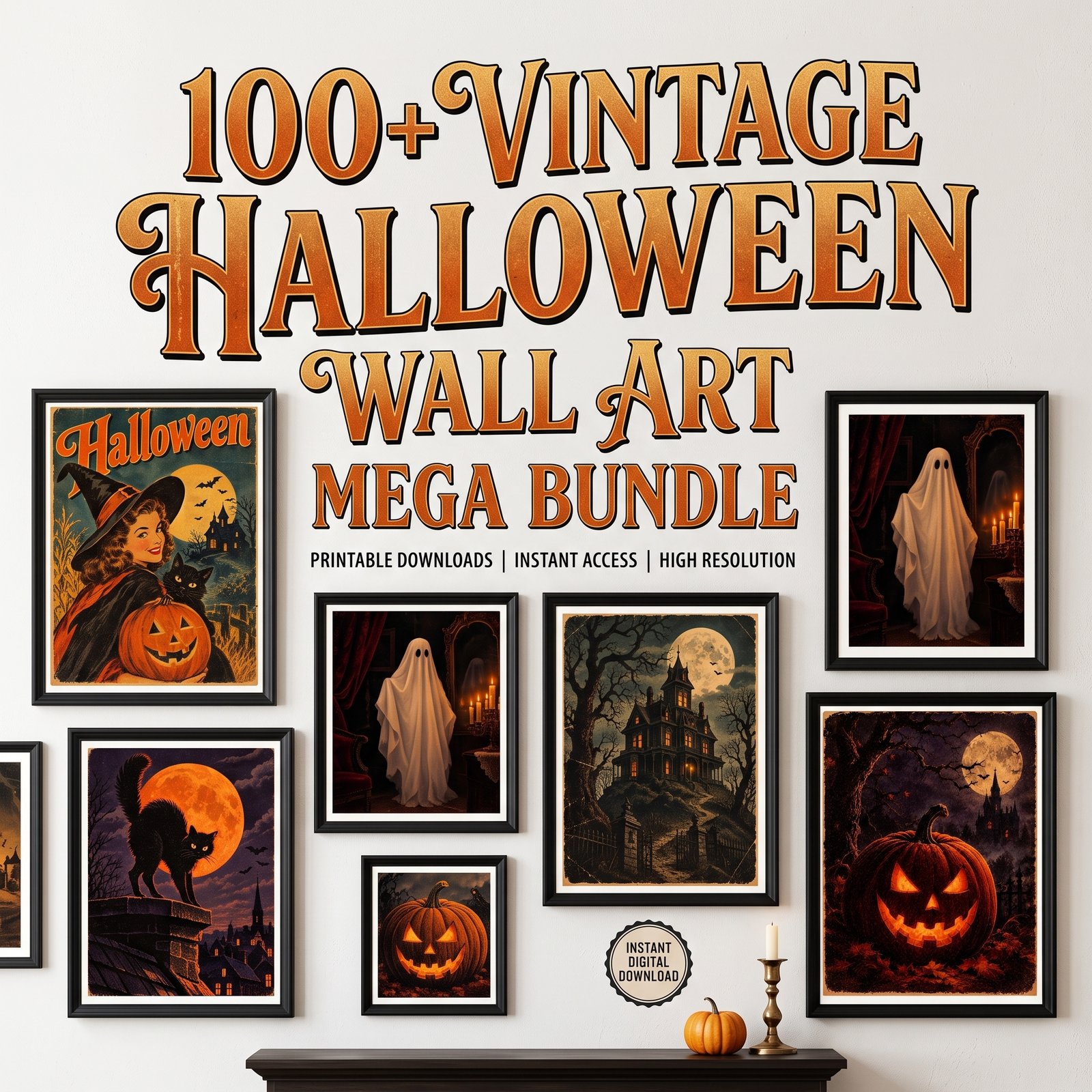 🎃 100+ vintage halloween wall art mega bundle (printable posters, png + pdf) instant download • high resolution prints • spooky season decor pack